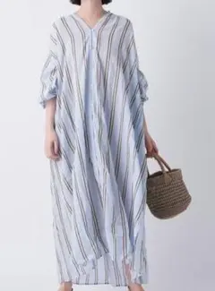 ヌキテパ ストライプ Vネック 長袖ワンピース