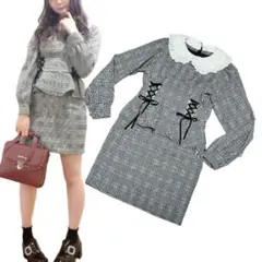 ペプラム付き　ワンピース　長袖　チェック柄　グレー　黒　ブラック　リボン