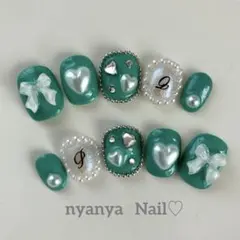 お色変更＆サイズ変更無料♪ ベリーショート　ミントグリーンのクリアリボンネイル♡