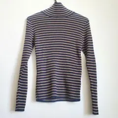 【新品】ベルーナ ボーダー タートルネック リブニット 長袖 ネイビー×ベージュ