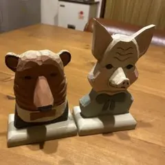 メガネスタンド♢木製クマとブタの彫刻2セット