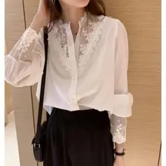 レディース M ブラウス 胸元レース シフォン 白 トップス 韓国 オフィス