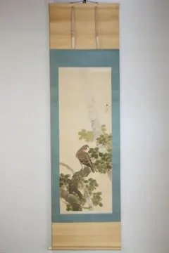 No3015掛軸　在銘　鍾洲漁人　夢研山人　款　月下草花図　絹本　合箱　送料無料 No3015掛軸 在銘 鍾洲漁人 夢研山人 款 月下草花図 絹本 合箱 送料無料