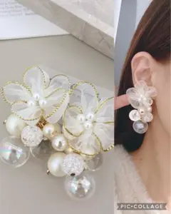 再販♡シフォンフラワー×じゃらじゃらパールクリアイヤリング＊速達
