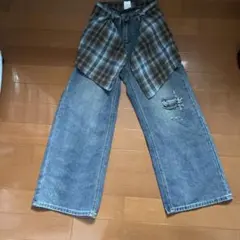 チェック柄レイヤード風デニムパンツ M 未使用