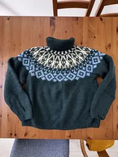 北欧柄 求心編み タートルネックニット ダークグリーン ヴィンテージ 古着