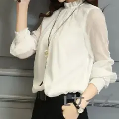 フリルネック シフォン長袖ブラウス ホワイト　入学式　通勤スーツスタイルLサイズ