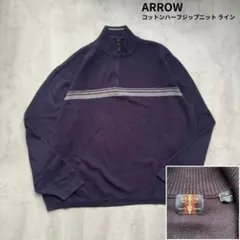 【ARROW】コットンハーフジップニット ライン ネイビー×グレー XL