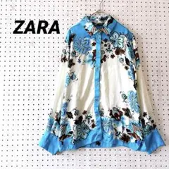 ザラ ボタニカル柄 シャツブラウス 長袖（M）光沢 感 ターコイズブルー