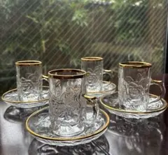 ⚠️特定月末配送　新品SOGAガラスカップ＆ソーサー　金縁薔薇模様グラス　受皿付④