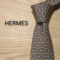 HERMES エルメス 幾何学模様 シルク100% ネクタイ 総柄 ブルー