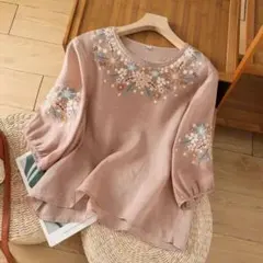 綿麻五分袖丈写真花柄刺繍 Lのサムネイル