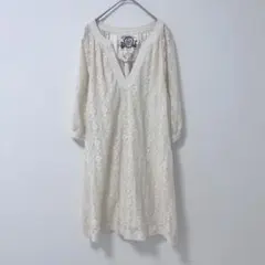ワンピース 長袖　フリルレース 花柄 Vネック 白 ホワイト　L 春夏