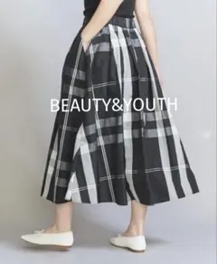 美品　BEAUTY&YOUTH チェックタフタギャザースカート ウォッシャブル