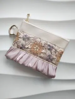 インド刺繍リボン フェイクレザーポーチ ハンドメイド