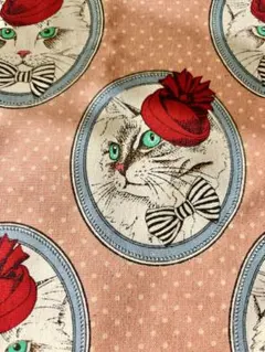 レア‼️猫 綿麻 赤い帽子 生地 布 ネコ ねこ ピンク スモーキーピンク