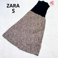 ザラ 異素材ドッキングロングワンピース ニット×サテン レオパード ヒョウ柄 S