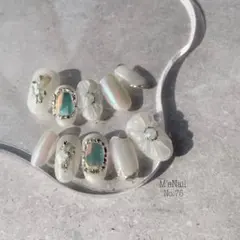 ネイルチップ 韓国 白 キラキラ 姫系 ワンホン うるうる ちゅるん 花