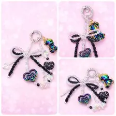 リボン型チャーム 黒と透明ビーズ