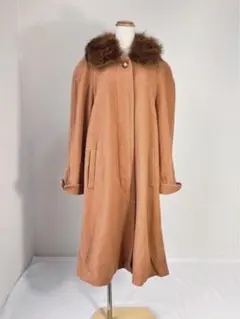 フォックスファー襟 デザインボタン ウール混 Aライン ロングコートY442