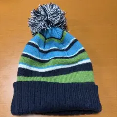 カラフルストライプニット帽 ポンポン付き
