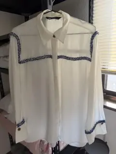 ZARA 長袖シャツ ホワイト ブルー 装飾