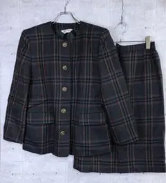昭和レトロ 古着 チェック柄 ツイード ノーカラー ジャケットスカート スーツ