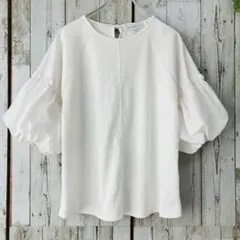 ☆シーズン リーズン☆ブラウス バルーンスリーブ 五分袖 ホワイト L シワ加工