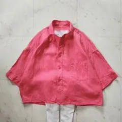 ティッカ 麻100% 半袖シャツ ピンク ショート丈 ゆったりめ 日本製のサムネイル