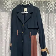 ネイビー ロングコート プリーツデザイン
