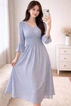 SNIDELパールグレー系ドット柄フレアスリーブロングワンピース