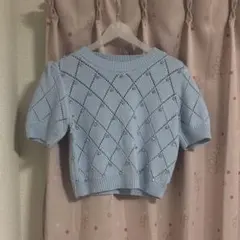 ダイヤ柄ビジュー透かしニットトップス