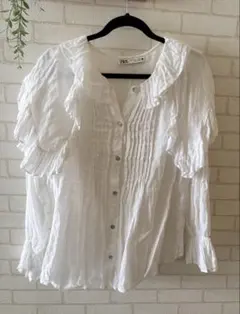 ZARA フリル付きリネンシャツブラウス　Ｌホワイト