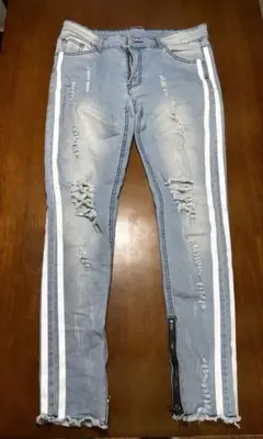 ラインパンツ ブルー　ダメージデニム Mサイズ