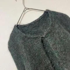 シャギーニット カーディガン クルーネック　グリーン系【M】相当　個性的　古着
