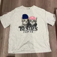 【L】猫プリント Tシャツ グレー 半袖