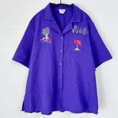 BonWorth 刺繍 半袖シャツ M パープル メキシコ製 レトロ 襟付き