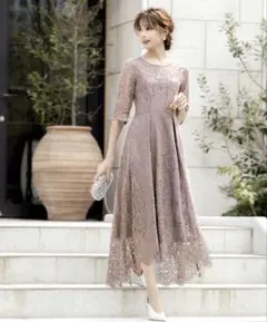 総レース七分袖イレヘムロングワンピース