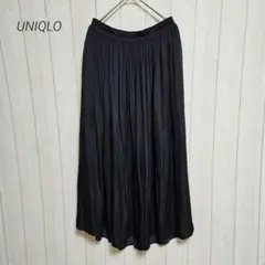 ユニクロ UNIQLO ギャザーロングスカート サテン生地 ウエストゴム 黒 L