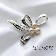 【極美品】ミキモト　あこや真珠　パール　ブローチ　3粒　リボン　MS刻印