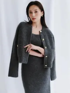 ⭐︎美品【anuans】カシミヤブレンドノーカラーニットジャケットGrey
