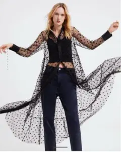 極美品　ZARA ドット柄チュールワンピース　シースルーロングシャツ　xs ジレ