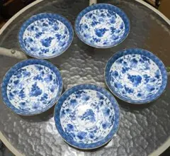窯陶印いり青と白のぶどう模様 陶器皿 5枚セット