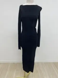 ブラックリブニット長袖ロングワンピース ストレッチ