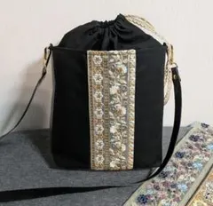 2way 巾着バッグ ショルダーバッグ インド刺繍リボン