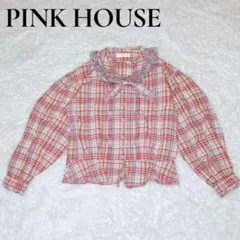 PINK HOUSE チェック柄 長袖ブラウス ピコフリル リボン