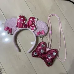 ミニー ピンクカチューシャ ドット柄 水玉 レア 平成 イヤリング リボン