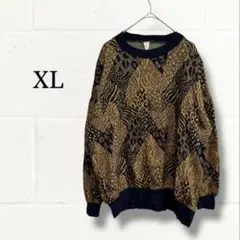 ヴィンテージ風 総柄アニマル ニット 一点物 レトロ 80s 90s XL