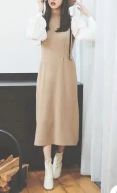 FREE'S MART 布帛ドッキングロングニットワンピース ベージュ