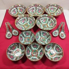 中国廣彩　小鉢5個&どんぶり5個&レンゲ4個セット　手描き　金彩　アンティークのサムネイル